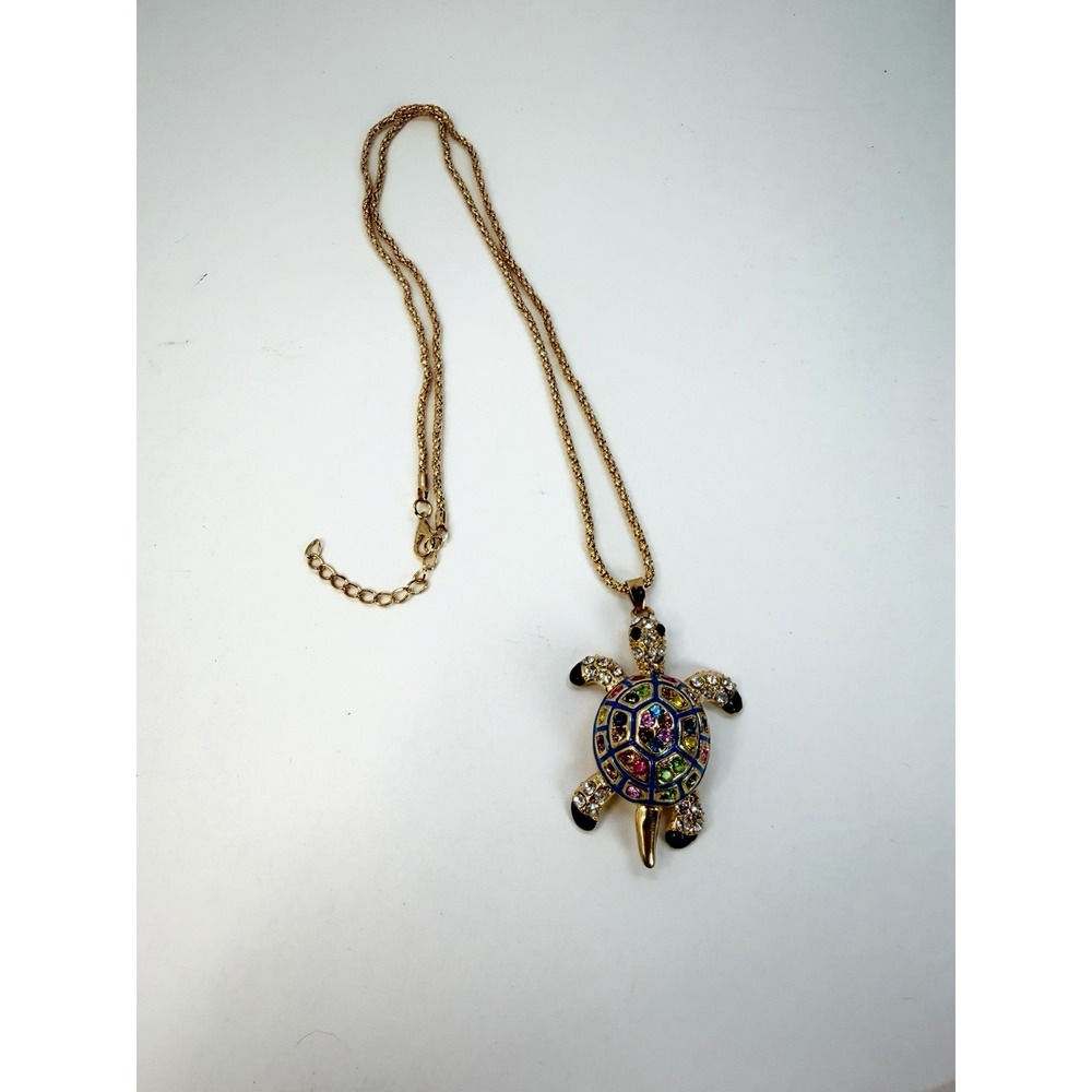 Sea Turtle Pendant Rhinestone Multicolor Necklace Gold Tone Aquatic Animal